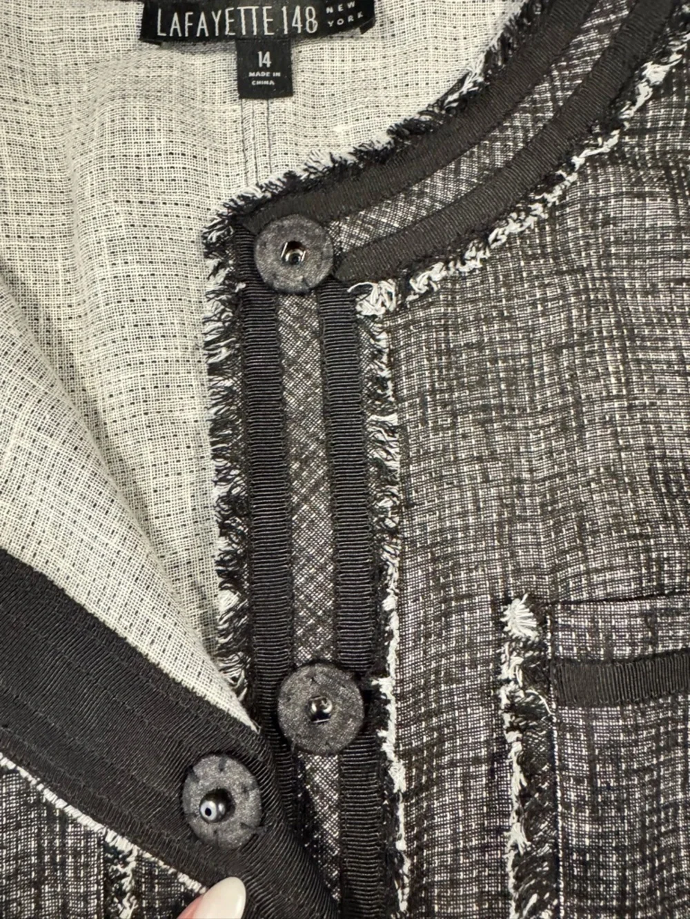Lafayette 148 Jacket Black Collarless Fringe Linen 14 - Picture 7 of 10